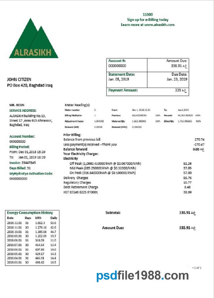 Iraq AlRasikh Electricity Utility Bill